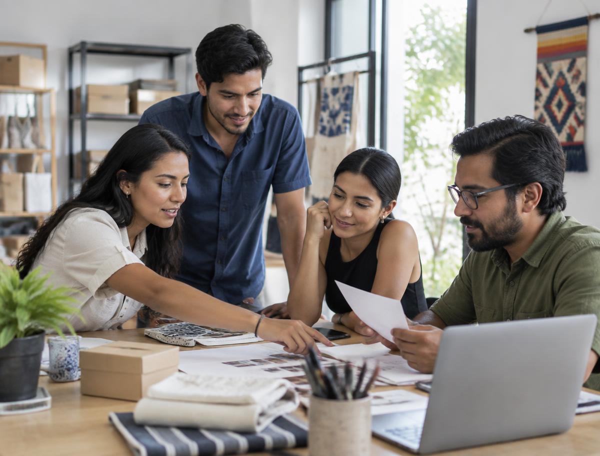 Equipo de una pequeña empresa revisando trabajo en un taller luminoso