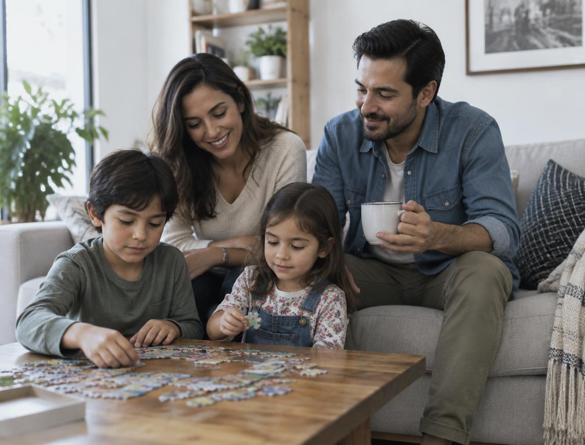 Familia conviviendo en la sala de su casa